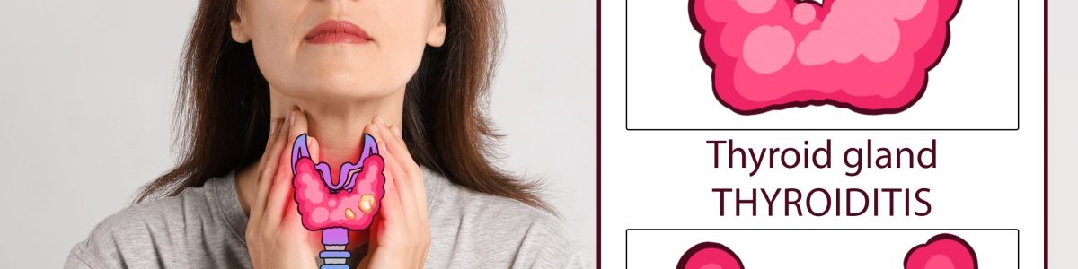 Woman and illustration of thyroid gland on white background